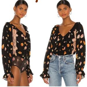 Free People Black Floral Bodysuit